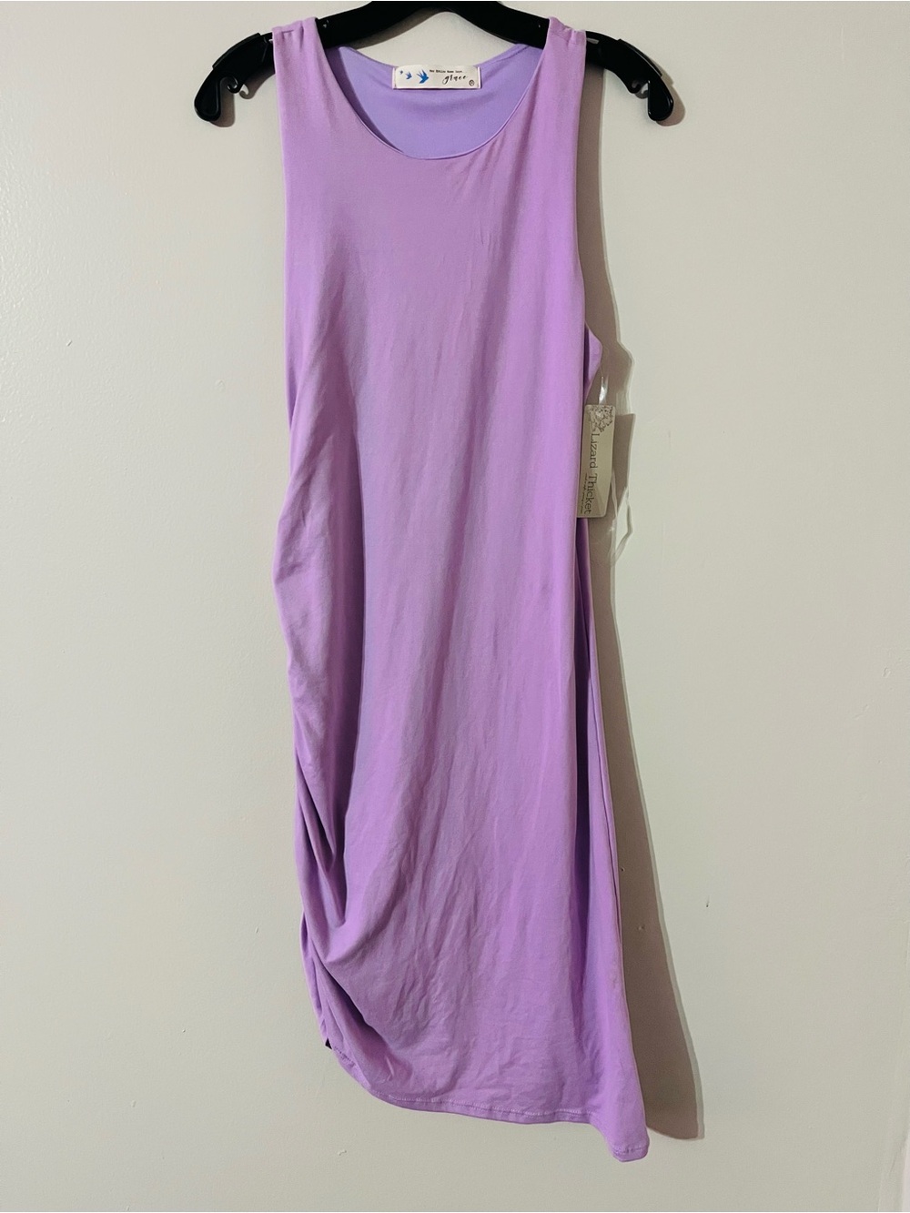 NWT Her Entire Name Says Grace Lavender Ruched Asymmetrical Midi Dress M